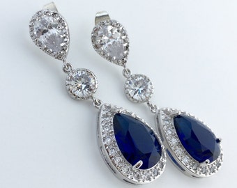 Blue Sapphire Wedding Crystal Earrings Bridal Cubic Zirconia Silver Drop Earrings Wedding Teardrop Rhodium Earrings Sapphire Bridal Earrings