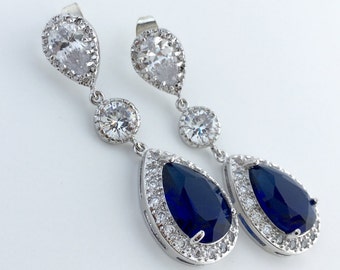 Blue Sapphire Teardrop Bridal Earrings, Cubic Zirconia, Rhodium Finish