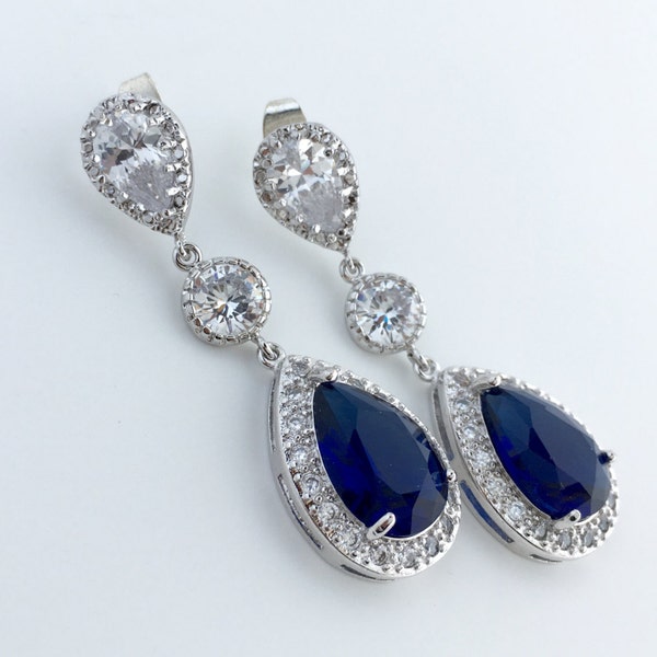 Blue Sapphire Wedding Crystal Earrings Bridal Cubic Zirconia Silver Drop Earrings Wedding Teardrop Rhodium Earrings Sapphire Bridal Earrings