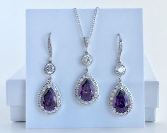 Amethyst Bridal Jewelry Set Amethyst Crystal Set Purple Cubic Zirconia Set Purple Crystal Wedding Jewelry Set Purple Bridesmaid Jewelry Set