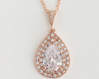 Rose Gold Cubic Zirconia Teardrop Bridal Necklace Rose Gold Wedding Necklace Rose Gold Clear Crystal Necklace Rose Gold Bridesmaid Jewelry