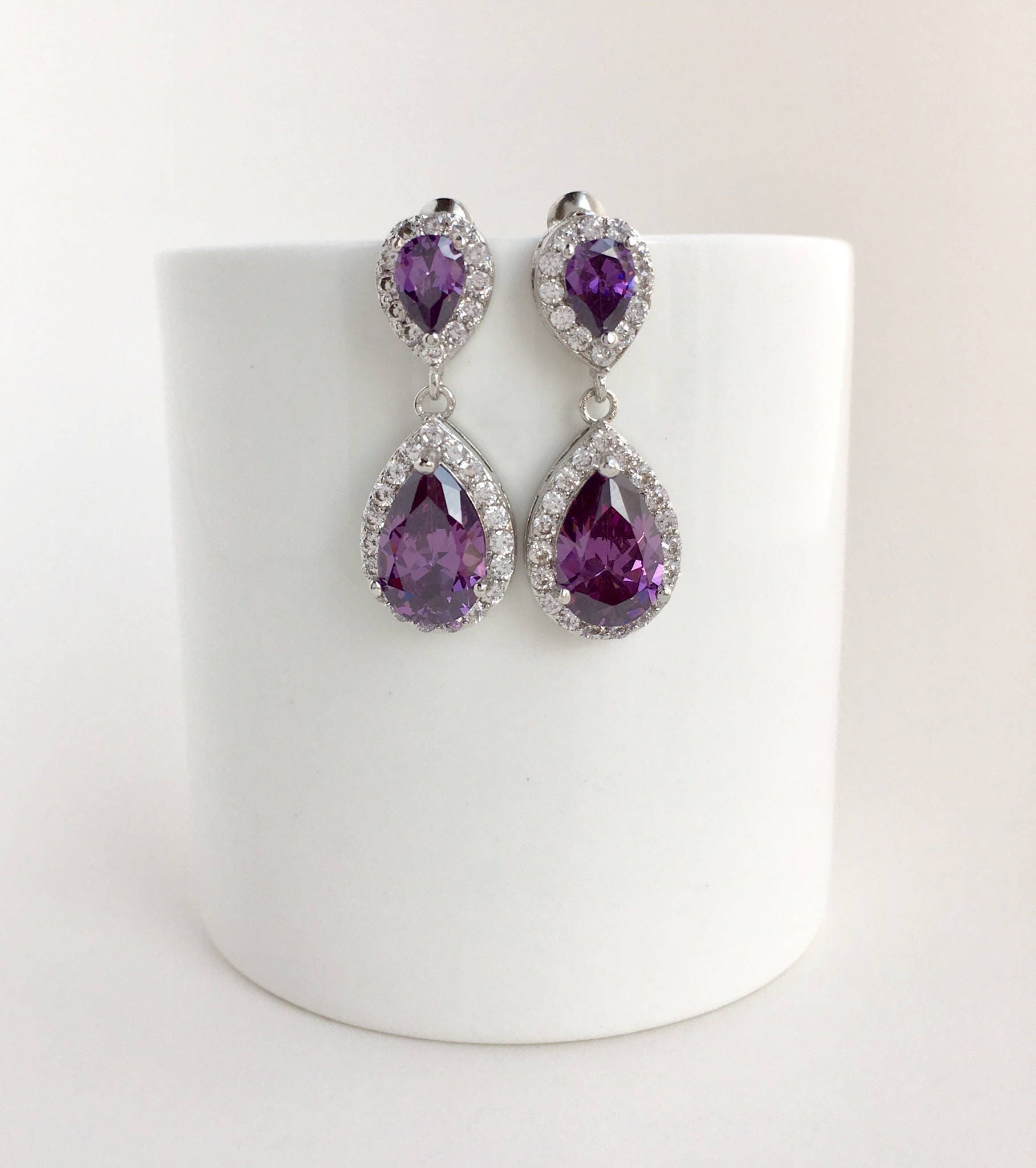 Purple Amethyst Jewelry Set – Teardrop CZ Necklace & Earrings | February Birthstone | For Bride, Wedding & Party