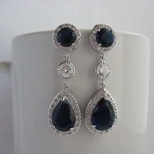 Blaue Saphir Tropfen Kristall Ohrringe Braut Zirkonia Schmuck Blau Hochzeit Tropfen Rhodium Tropfen Ohrringe Saphir Braut Ohrringe
