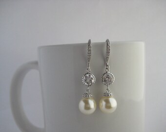 Cream Pearl Earrings Crystal Bridal Drop Earrings Wedding Cubic Zirconia Jewelry Rhodium Dangle Earrings Austrian Crystal Pearl Jewelry