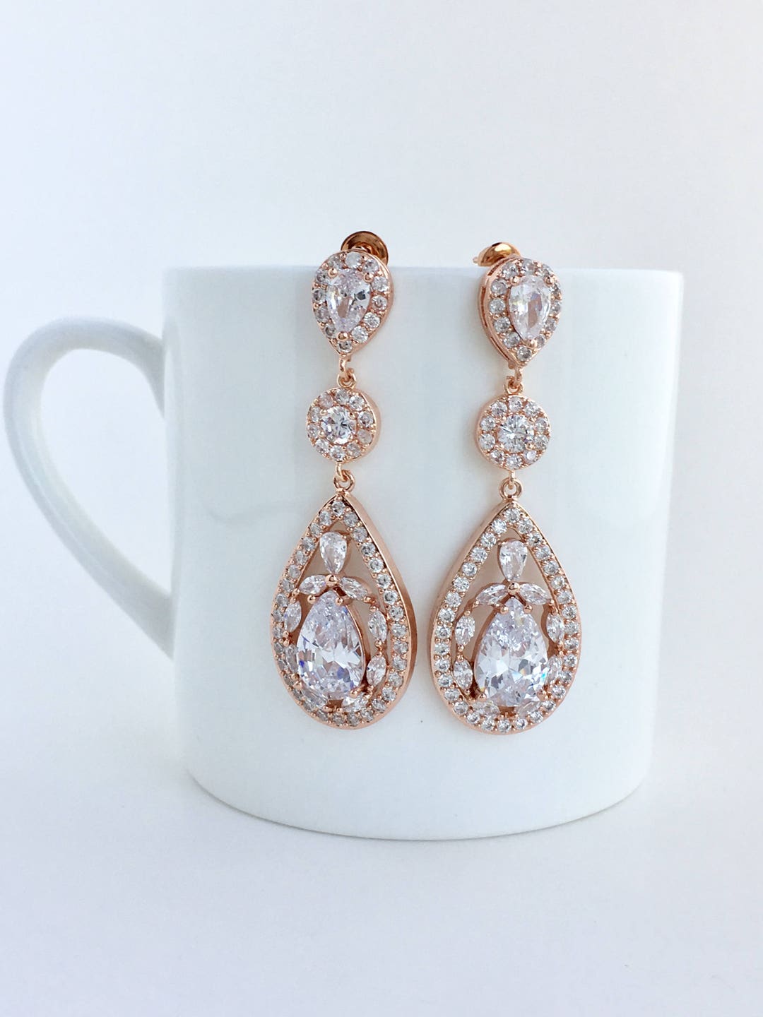 Rose Gold Earrings Long Rose Gold Earrings Rose Gold Wedding Earrings Rose Gold Bridal Jewelry Rose Gold Bridesmaid Jewelry