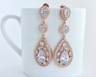 Rose Gold Earrings Long Rose Gold Earrings Rose Gold Wedding Earrings Rose Gold Bridal Jewelry Rose Gold Bridesmaid Jewelry