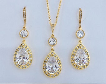 Gold Bridal Set Wedding Gold Cubic Zirconia Set Gold Teardrop Crystal Bridal Set Gold Bridesmaid Jewelry Set Gold Crystal Jewelry Set