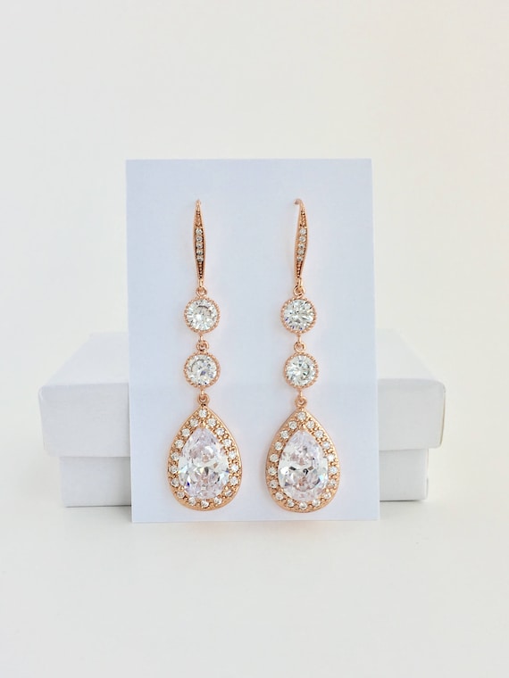 Long Rose Gold Bridal Drop Earrings Long Rose Gold Crystal Earrings Long Rose Gold Wedding Drop Earrings Long Rose Gold Bridesmaid Jewelry