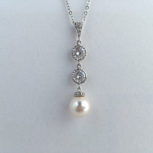 Long Pearl Necklace Crystal Bridal Necklace Wedding Cubic Zirconia Jewelry Pearl Rhodium Necklace Austrian Crystal Pearl Jewelry Bridesmaid