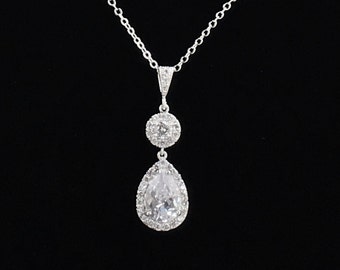 Bridal Cubic Zirconia Necklace Bridal Crystal Necklace Crystal Wedding Halo Jewelry Teardrop Halo Pendant Rhodium Crystal Bridal Necklace