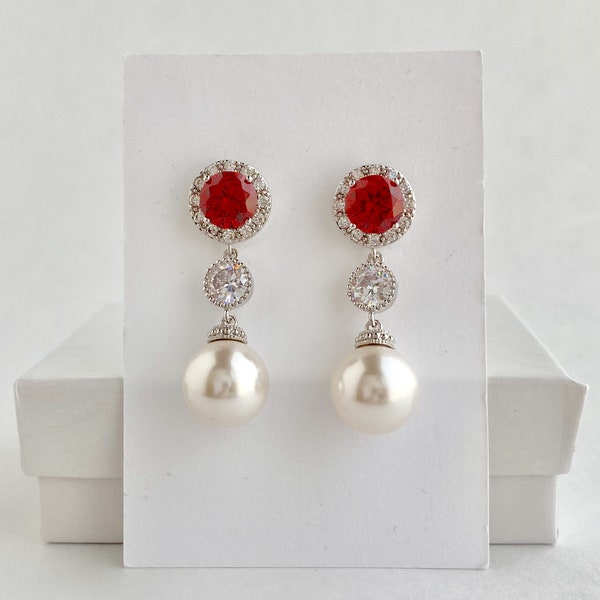 Red Bridal Earrings Ruby Crystal Halo Earrings Wedding Cubic Zirconia Jewelry Bridal Red Austrian Pearl Earrings Red Halo Bridesmaid Jewelry