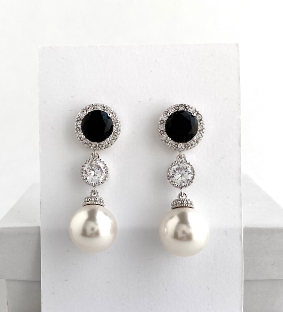 Orecchini A Clip Con Perle In Vetro Nero - Placcato Argento - Handmade UK - Moderni