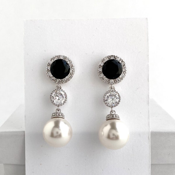 Black Pearl Earrings Black Crystal Halo Earrings Black Bridal Earrings Black Austrian Crystal Pearl Earrings Black Bridesmaids Pearl Jewelry