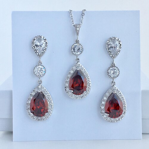Red Ruby Cubic Zirconia Bridal Necklace Red Wedding Crystal Etsy