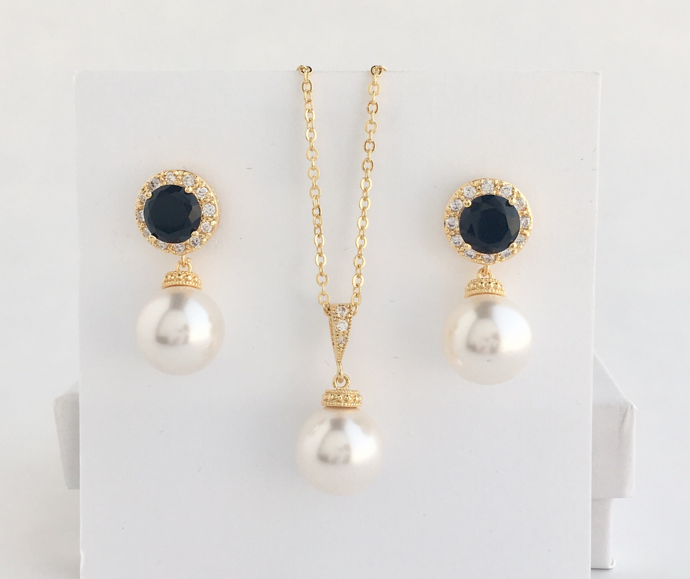 Gold Black Cubic Zirconia Pearl Jewelry Set: Bridal Necklace & Earrings