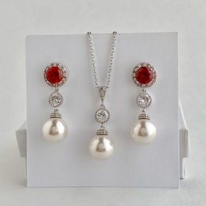 Red Pearl Bridal Set Red Wedding Crystal Jewelry Set Red Cubic Zirconia Pearl Set Red Bridesmaid Crystal Jewelry Set Red Pearl Jewelry Set