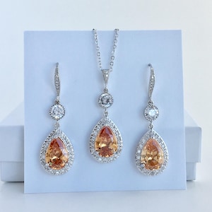 Morganite Bridal Crystal Set Peach Crystal Set Champagne Cubic Zirconia Jewelry Set Peach Wedding Jewelry Set Peach Bridesmaid Jewelry Set