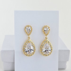 Gold Bridal Cubic Zirconia Earrings Gold Crystal Earrings Gold Bridal Drop Earrings Gold Bridesmaid Jewelry Gold Wedding Crystal Earrings