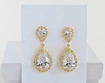 Oro novia cúbica Zirconia pendientes oro cristal pendientes oro colgante gota pendientes oro dama de honor joyería oro boda cristal pendientes