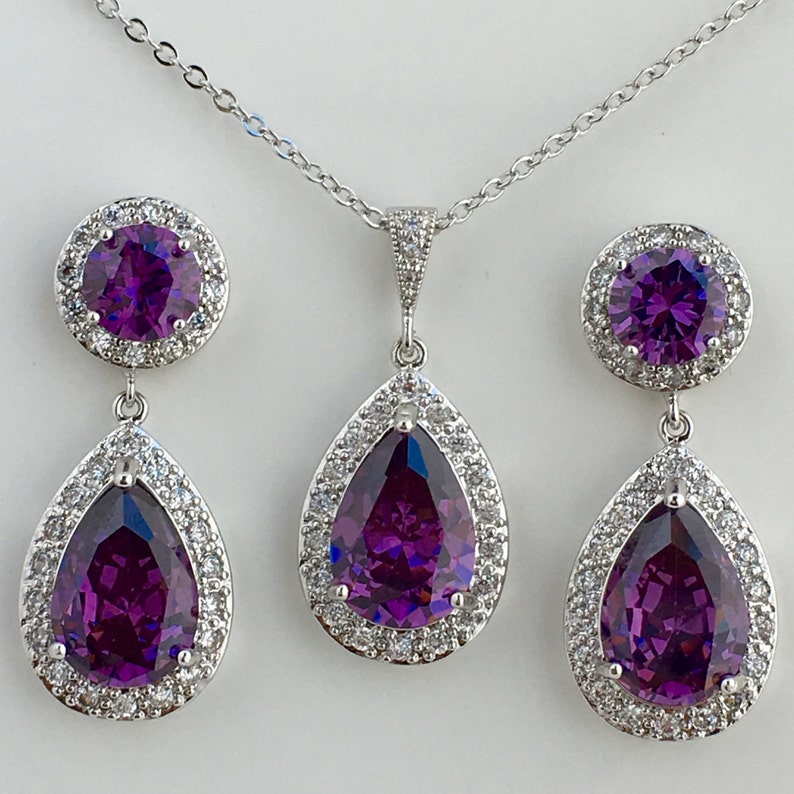 Amethyst Bridal Jewelry Set Purple Crystal Wedding Set Halo Etsy