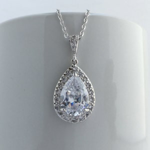Classic Cubic Zirconia Teardrop Bridal Necklace Wedding Crystal Teardrop Pendant Rhodium Crystal Wedding Jewelry
