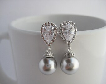 Orecchini Pendenti In Argento Sterling 925 Con Perle D'Acqua Dolce E Zirconi, Gioiello Etnico Charme, 12 Mm, Bianco/Grigio