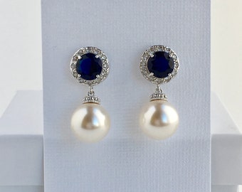 Sapphire Bridal Earrings Blue Crystal Halo Earrings Wedding Cubic Zirconia Earrings Blue Bridal Earrings Austrian Crystal Pearl Earrings