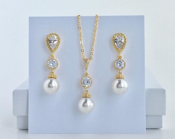 Gold Pearl Bridal Jewelry Set Wedding Cubic Zirconia Jewelry Gold Crystal Set Gold Austrian Pearl Jewelry Gold Bridesmaid Pearl Jewelry Set
