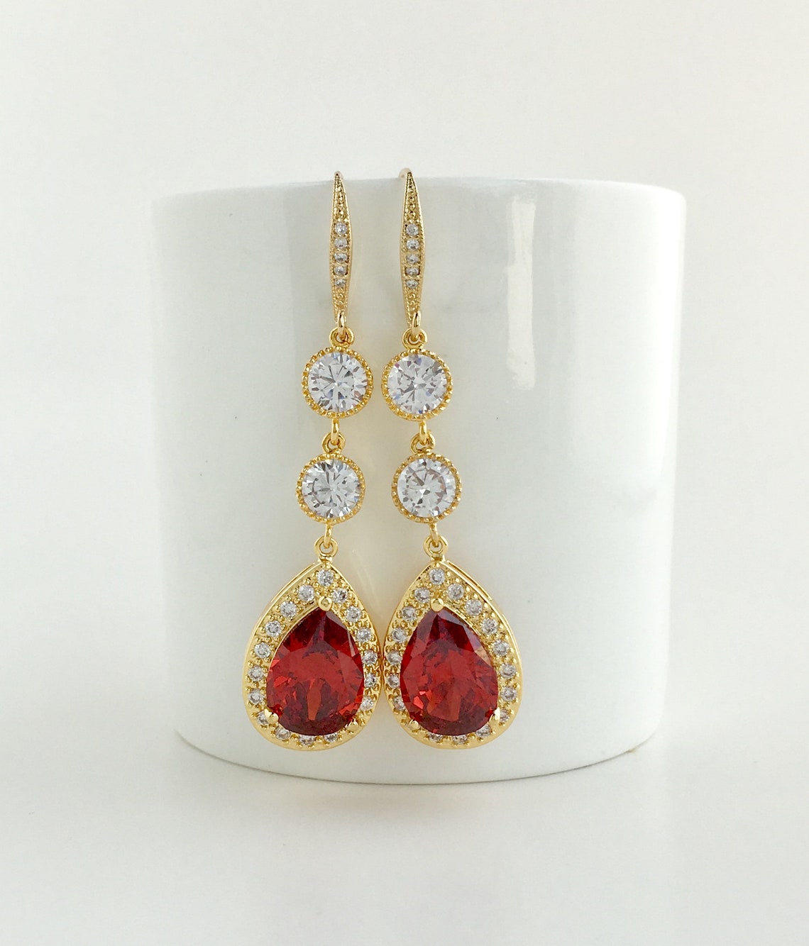 Red Long Gold Earrings Red Long Bridal Earrings Red Gold Etsy
