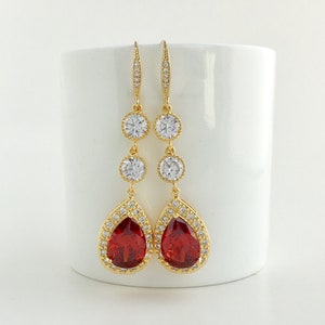 Red Long Gold Earrings Red Long Bridal Earrings Red Gold Teardrop Earrings Ruby Wedding Jewelr Red Bridesmaid Gold Jewelry Red Gold Jewelry