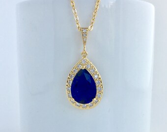 Blue Crystal Necklace Blue Cubic Zirconia Gold Wedding Necklace Blue Bridal Necklace Blue Bridesmaid Gold Jewelry Sapphire Gold Necklace