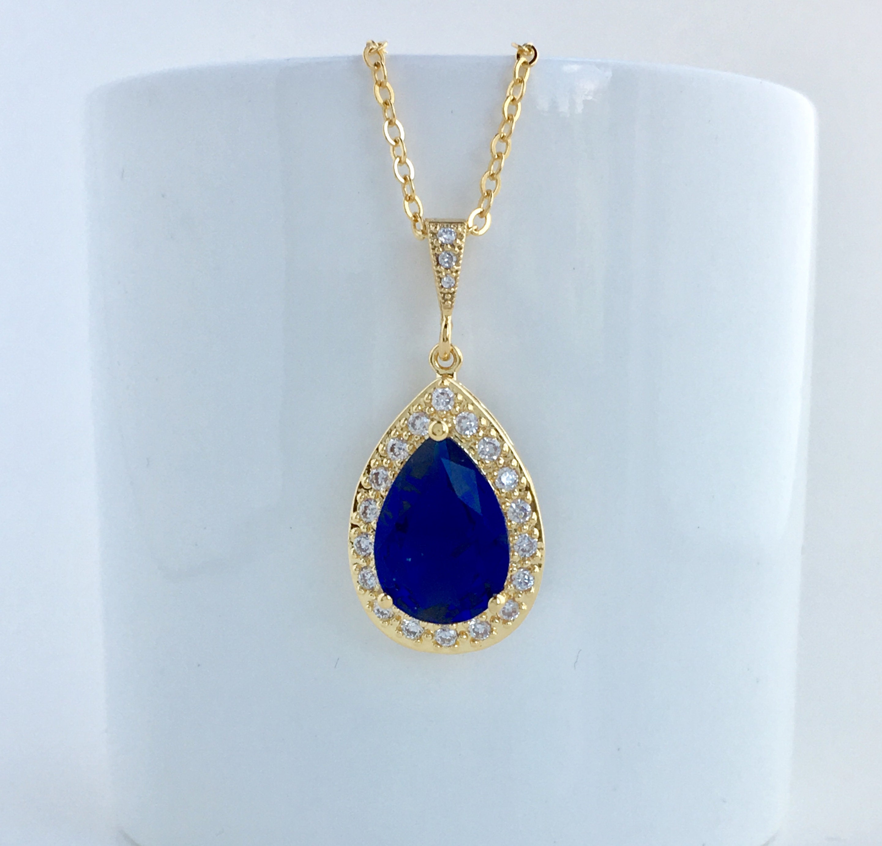 Blue Crystal Necklace Blue Cubic Zirconia Gold Wedding | Etsy