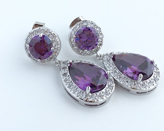 Purple Amethyst Crystal Earrings Bridal Amethyst Earrings Purple Cubic Zirconia Jewelry Purple Teardrop Rhodium Earrings Amethyst Earrings