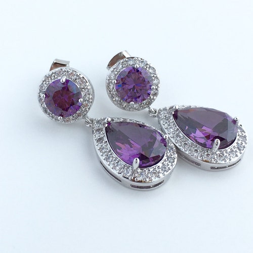 Amethyst Crystal Earrings Purple Bridal Earrings Cubic - Etsy
