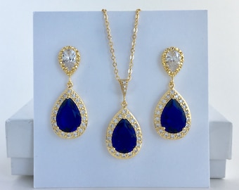 Oro Azul Cristal Set Oro Boda Azul Circonio Cúbico Conjunto Nupcial Azul Oro Conjunto Azul Dama de Honor Oro Juego de Joyas Zafiro Oro Juego de Joyas