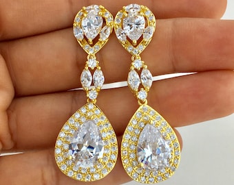 Gold Crystal Earrings Gold Wedding Earrings Gold Bridal Earrings Gold Teardrop Crystal Earrings Gold Bridesmaid Crystal Jewelry Gold Jewelry