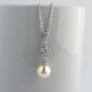 Cream Pearl Necklace Crystal Bridal Jewelry Wedding Cubic Zirconia Jewelry Rhodium Pearl Pendant Austrian Crystal Pearl Jewelry Bridesmaid