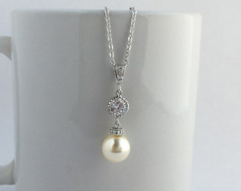 Cream Pearl Necklace Crystal Bridal Jewelry Wedding Cubic Zirconia Jewelry Rhodium Pearl Pendant Austrian Crystal Pearl Jewelry Bridesmaid