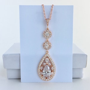 Long Rose Gold Crystal Necklace Rose Gold Teardrop Necklace Rose Gold Wedding Crystal Pendant RoseGold Necklace RoseGold Bridesmaid Jewelry