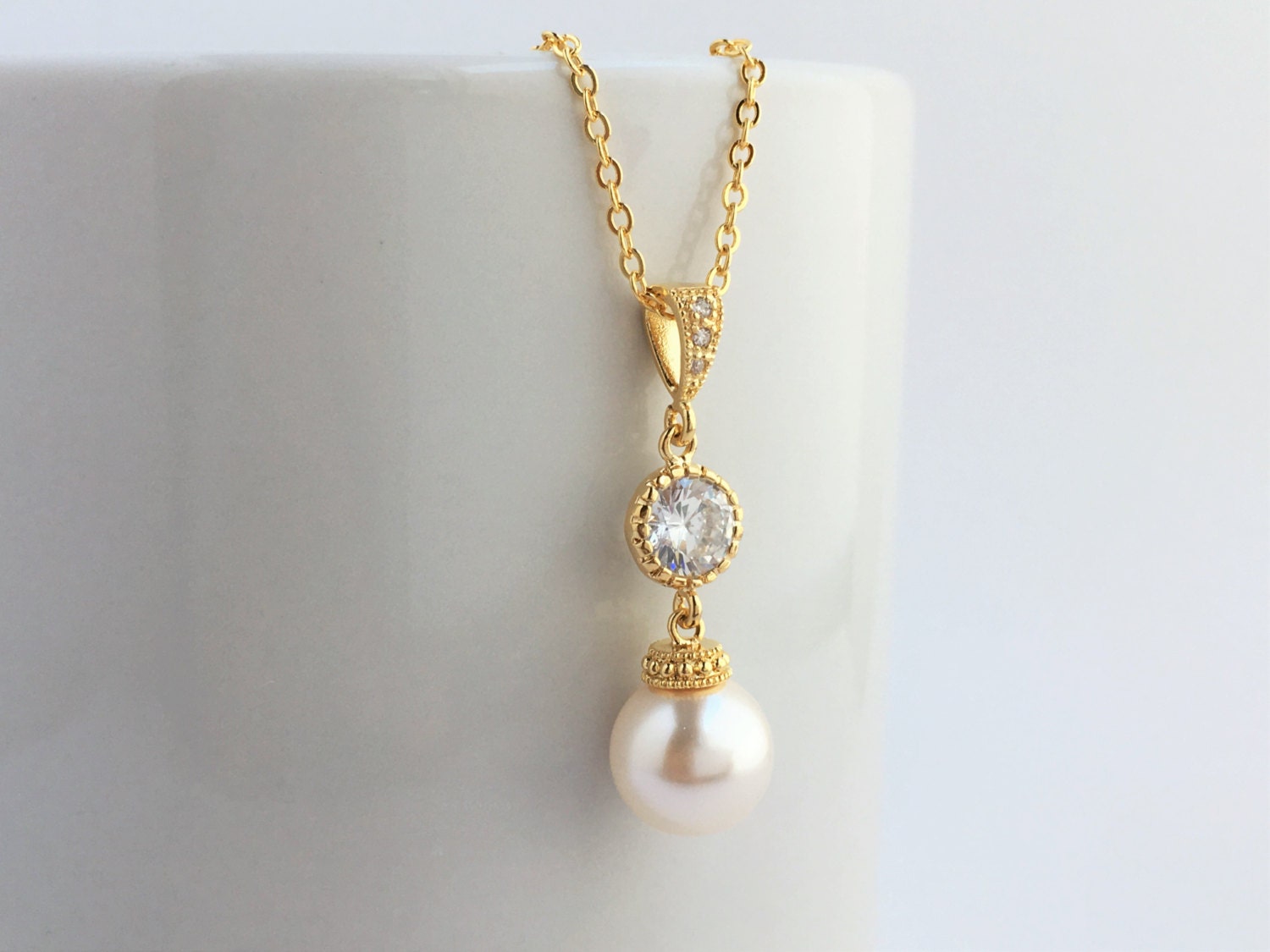 Gold Pearl and Crystal Bridal Necklace Wedding Cubic Zirconia - Etsy