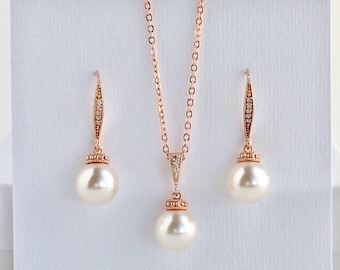 Rose Gold Pearl Bridal Set Rose Gold Wedding Cubic Zirconia Set Rose Gold Austrian Pearl Jewelry Set Rose gold Bridesmaid Pearl Jewelry Set