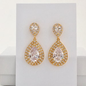 Gold Teardrop Crystal Earrings Gold Bridal Cubic Zirconia Earrings Gold Wedding Crystal Jewelry Gold Bridal Earrings Gold Bridesmaid Jewelry