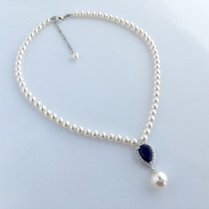 Sapphire Blue Cubic Zirconia Neclace Pearl Bridal Backdrop Necklace Wedding Crystal Teardrop Necklace Crystal Wedding Jewelry Pearl Necklace