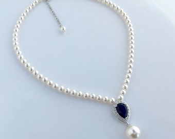 Sapphire Blue Cubic Zirconia Neclace Pearl Bridal Backdrop Necklace Wedding Crystal Teardrop Necklace Crystal Wedding Jewelry Pearl Necklace