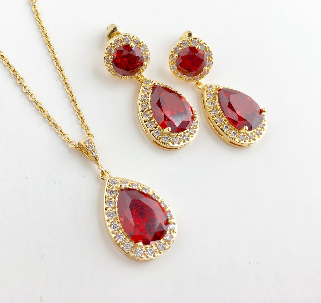 Gold Red Crystal Set Red Cubic Zirconia Set Red Bridal Gold - Etsy