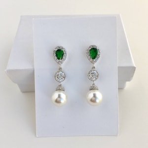 Emerald Green Bridal Earrings: Cubic Zirconia & Austrian Pearl Drop Earrings