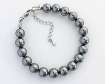 Dark Grey Pearl Bracelet, Austrian Crystal Bridal Jewelry