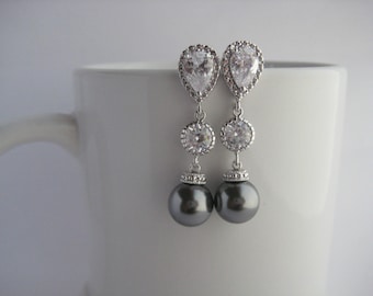 Dark Grey Pearl Bridal Earrings, Cubic Zirconia Drop, Rhodium Finish