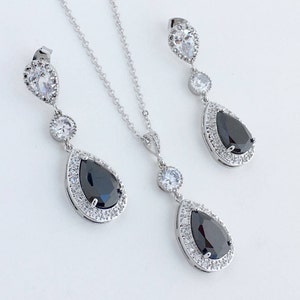 Black Crystal Jewelry Set Black Bridal Jewelry Set Black Cubic Zirconia Set Black Wedding Teardrop Jewelry Set Black Bridesmaid Jewelry Set