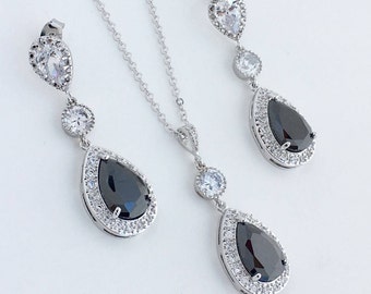 Black Crystal Jewelry Set Black Bridal Jewelry Set Black Cubic Zirconia Set Black Wedding Teardrop Jewelry Set Black Bridesmaid Jewelry Set